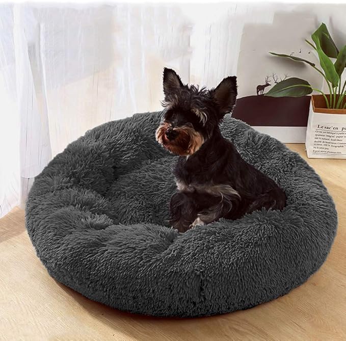 BODISEINT Faux Fur Dog Bed Cat Bed,Shag Round Anti-Anxiety Pet Calming Bed Doughnut Cuddler for Medium Large Puppy Dog Cat Kennel Cushion Self Warming Bed (28'' D x 8'' H, Dark Grey)