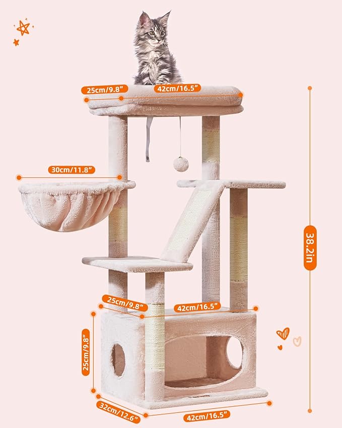 Taoqimiao Cat Tree,38.5-Inch Cat Tower for Indoor Cats,Suitable for Kittens with Luxurious cat condo with Adjustable Baskets and Luxurious Perch MS029SP Jelly Pink