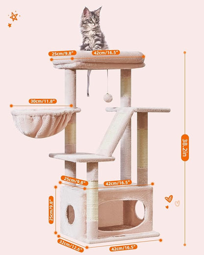 Taoqimiao Cat Tree,38.5-Inch Cat Tower for Indoor Cats,Suitable for Kittens with Luxurious cat condo with Adjustable Baskets and Luxurious Perch MS029SP Jelly Pink