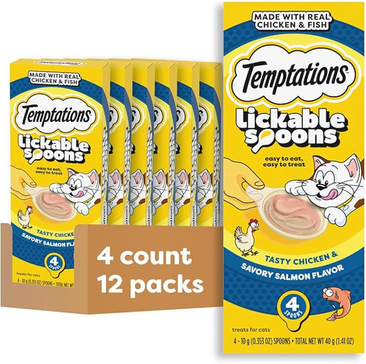 Temptations Lickable Spoons Adult Wet Cat Treat, Tasty Chicken and Savory Salmon Flavor, 4 Spoons, Pack of 12 (48 Total Treats)
