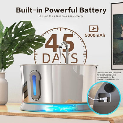 Battery Operated Cat Water Fountain Wireless, 4L/135oz Stainless Steel Pet Fountain for drinking Dog Water Dispenser Cordless with Motion Sensor, Ultra-Quiet Pump & for Cats Inside, Dog, Multiple Pets