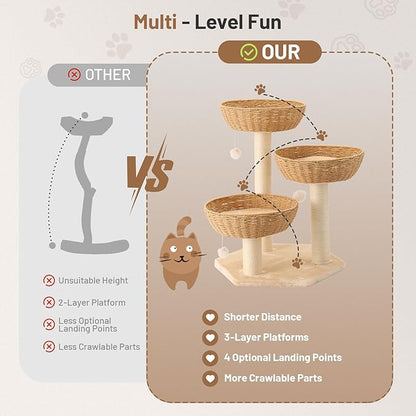 Modern Rattan Cat Tree House Condo Climbing Tower with Scratching Post for Indoor Large Adult Cat