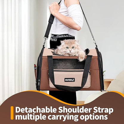 Collapsible Small Pet Carrier for Cat 15 lbs with Fashion Pocket, Lightweight Sturdy Travel Carry Bag Little Puppy Dog, Breathable Stylish Kitten Soft Cage Kennel, 17.7x11.0x11.8 Inch Khaki