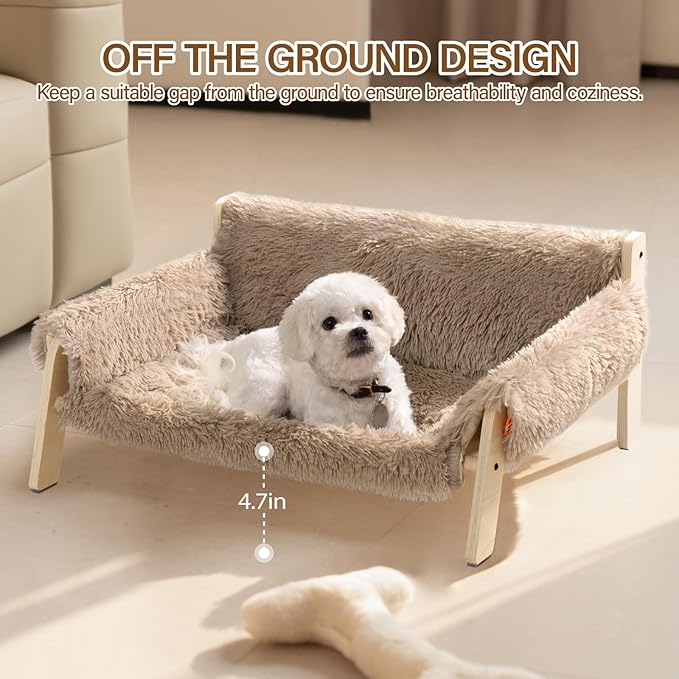 MEWOOFUN Cat Couch Bed, Pet Sofa for Indoor Cats Wooden Indoor Elevated Cat Beds with Removable Mattress Cover Suitable for Kitty, Puppy or Small Animal (Brown, Large)