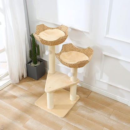 SHENGOCASE Cat Tree Tower with Rattan Wicker Basket, 2 Large Nest Baskets Bed, Window Perch for Large Cats up to 25 lbs