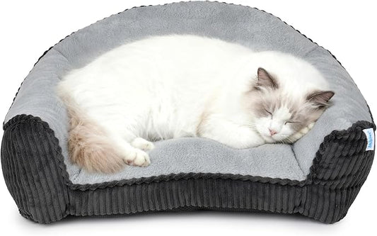 Cat Couch for Puppy, Kitten, and Small Pets - Soft Faux Rabbit Fur Pet Sofa with Washable Removable Cover, Non-Slip Fuzzy Plush Cushion, 24"x18"x10"