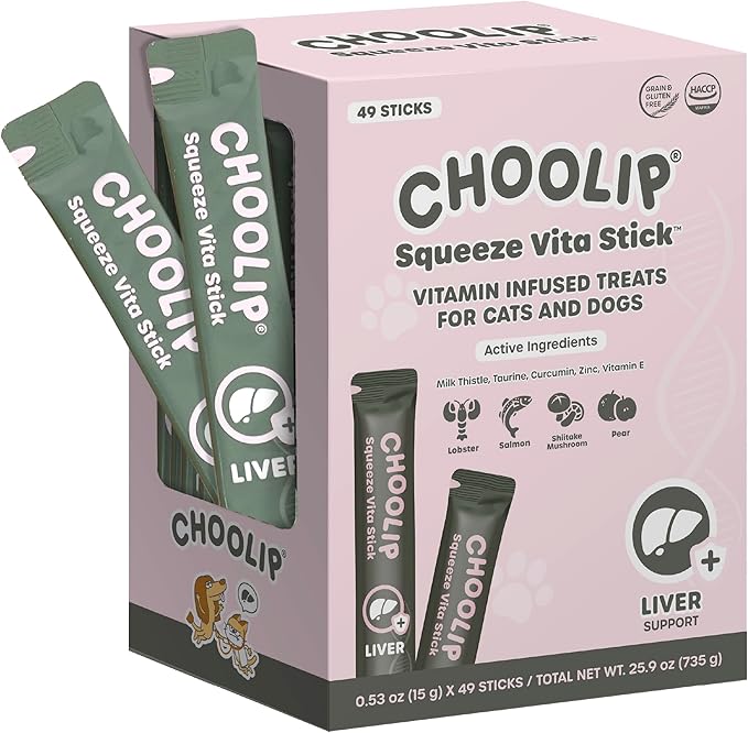 Choolip Squeeze Vita Stick Lickable Cat Treats & Dog Puree – 49-Count Liver Support Tubes, Creamy Grain-Free High-Protein Puree with Milk Thistle, Vitamin E & CoQ10 for Liver Health & Detox Support