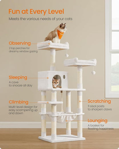 Feandrea Cat Tree, 56.3-Inch Cat Tower for Indoor Cats, Multi-Level Cat Condo with 11 Scratching Posts, 2 Perches, Cave, Hammock, Cream White UPCT015W02
