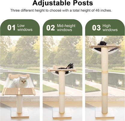 Cat Window Perch with Scratching Post, 47.3" Adjustable Cat Tall Scratching Posts &Upgraded Winter Cushion – Multi-Level Perch for Climbing, Bird Watching, and Play, Supports 50 lbs (Drilling-Free)
