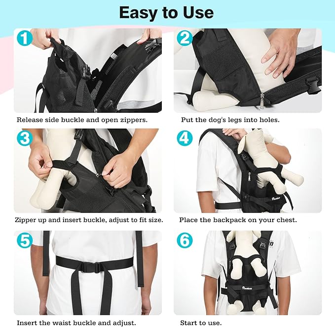 Pawaboo Pet Dog Front Carrier Backpacks, Legs Out Pet Carrier Backpack for Dogs, Adjustable Easy-fit Dog Chest Carriers for Small Medium Dogs Hands Free for Travel Hiking Cycling Camping, M, Black