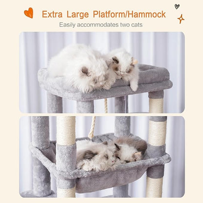 Heybly Cat Tree for Large Cats 20lbs Heavy Duty,60 inches XXL Cat Tower for Indoor Cats, Multi-Level Furniture Condo with Big Padded Plush Perch, Cozy Basket, Light Gray HCT050W