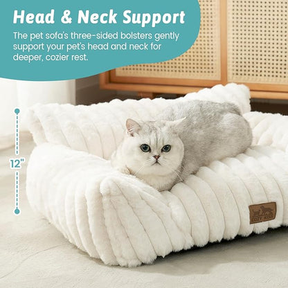Cute Cat Couch, Premium Plush Faux Fur Pet Couch Bed, Ultra-Soft Pet Furniture for Cats & Small Dogs (Cream, S: 25.5''x17.5'')