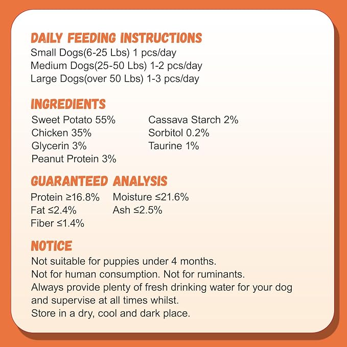 Chicken Jerky Wrapped Sweet Potato Dog Treats w/Taurine, Healthy Dog Snacks Low Fat High Protein, Chewy Training Rewards Treats for Small Medium Large Breeds,10.6 oz, 13-17 Counts