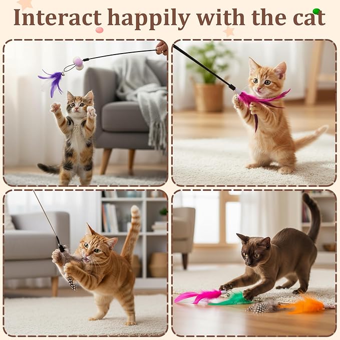 60 Pcs Cat Wand Feather Toys Refill Colorful Cat Wand Replacement Feathers Toy for Interactive Kitten Fishing Pole Feather Attachments with Bells for Indoor Stray Cats to Exercise and Play