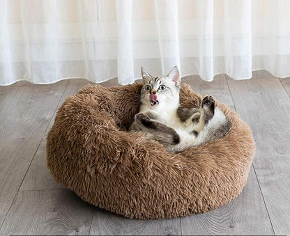 BODISEINT Faux Fur Dog Bed Cat Bed,Shag Round Anti-Anxiety Pet Calming Bed Doughnut Cuddler for Medium Large Puppy Dog Cat Kennel Cushion Self Warming Bed (28'' D x 8'' H, Coffee)