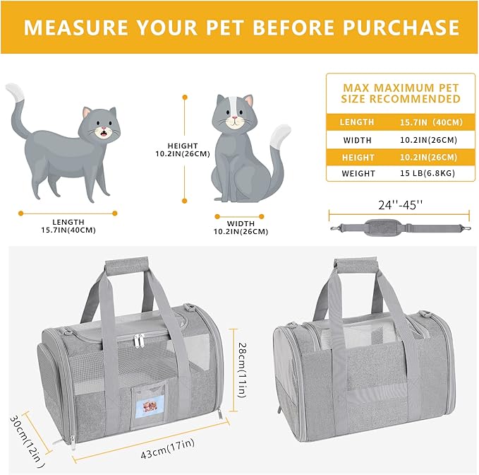Cat Carrier Pet Dog Carrier Airline Approved for Puppy Kitten Carriers Under 15lb, Collapsible Soft Sided TSA Approved Travel Carrier-Grey