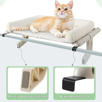 Sunhoo Cat Window Perch Hammock Sturdy Windowsill Bed Seat for Large Cats No Drilling No Suction Adjustable Kitty Shelf with Washable Cover Easy Assembly Holds up to 40 lbs 24.8 * 15 in (White, L)