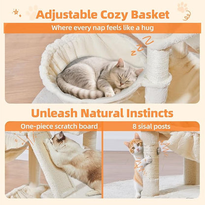 Taoqimiao Cat Tree 57.5-Inch, Cat Tower for Indoor Cats Large Adult, Extra Large Cat Condo, 8 Sisal Scratching Posts, Metal Frame Cozy Hammock, Durable Scratch Board, 2 Top Perches, Beige MS026M