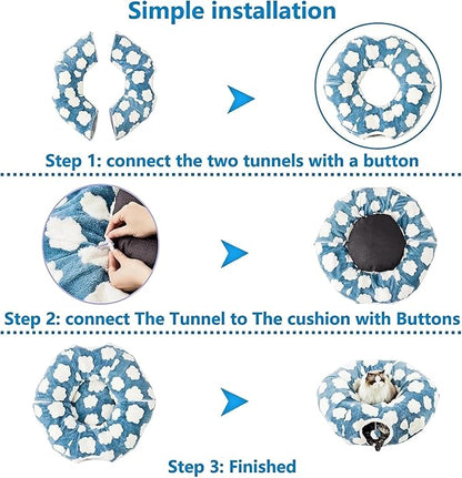 Cat Tunnel Bed with Washable Cushion for Indoor Cat, Donut Cave Tube Toys for Kitten Puppy Rabbit, Blue