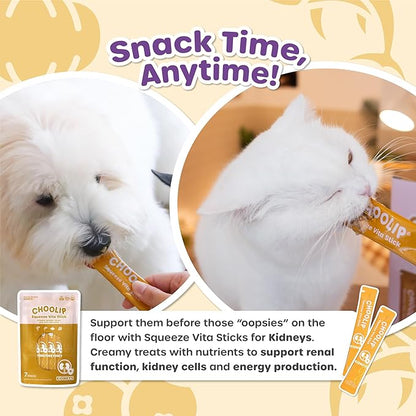 Choolip Squeeze Vita Stick Lickable Cat Treats & Dog Puree – 7-Count Kidney Support Tubes, Creamy Grain-Free Hydrating Puree, High-Protein Multivitamin Treats for Urinary & Kidney Health