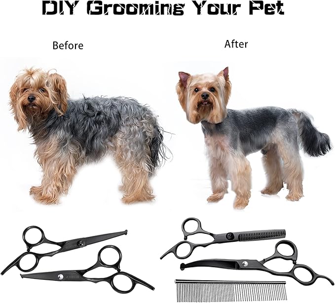 Dog Grooming Scissors Kit with Safety Round Tips, Professional 6 in 1 Grooming Scissors for Dog, Cats, Pets, 4CR Stainless Steel, Sharp and Durable