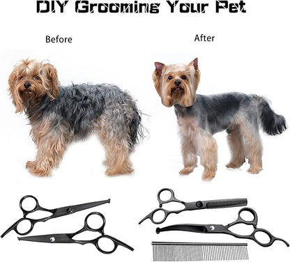 Dog Grooming Scissors Kit with Safety Round Tips, Professional 6 in 1 Grooming Scissors for Dog, Cats, Pets, 4CR Stainless Steel, Sharp and Durable