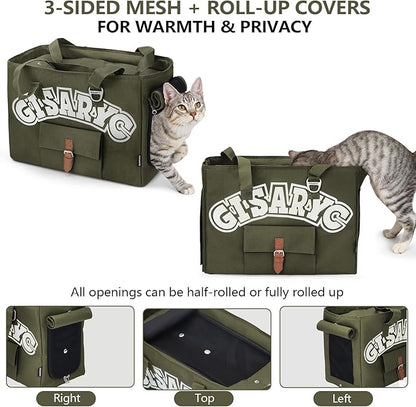 Dog Purse Carrier for Small Dogs, Cats and Puppies – Soft-Sided Foldable Pet Travel Bag with Multi Pockets, 3-Sided Mesh & Rollable Cover for Nervous Cats, Fits Pets up to 15 lbs (Olive Green)