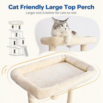 ABCPET Cat Tree Tower 63in Multi-Level Cat Tower for Indoor Cats with Sisal Scratching Posts, Condo, Hammock, Dangling Ball and Extended Platform for Cats to Play, Beige
