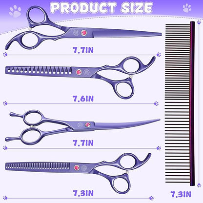 Professional Dog Grooming Scissors Set, 7 Inch/8 Inch Pet Grooming Scissors Chunkers Shears for Dog, Curved Dog Grooming Scissors, Thinning Shears for Dog with Grooming Comb