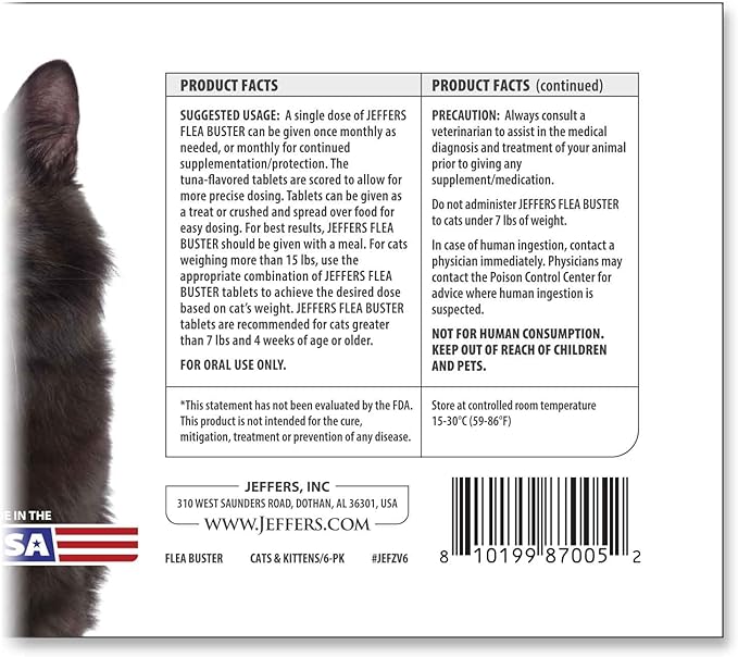 Jeffers Pet Flea Buster Chewable Tablets for Cats and Kittens 7-15 lbs, Tuna Flavor Supplements, Monthly Cat Flea Support, Made in USA, Easy to Feed Cat Tablets, Travel Friendly - 6 Count