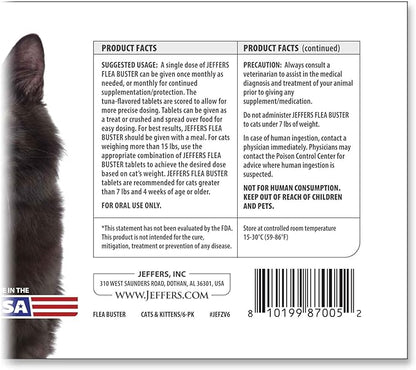 Jeffers Pet Flea Buster Chewable Tablets for Cats and Kittens 7-15 lbs, Tuna Flavor Supplements, Monthly Cat Flea Support, Made in USA, Easy to Feed Cat Tablets, Travel Friendly - 6 Count