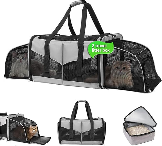 Cat Carrier with Litter Box - INRLKIT Cat Carrier for 2 Cats, Portable Double Pet Cat Travel Carrier Bag for Traveling, Expandable Pet Carrier for Car, Portable Travel Litter Box for Cats (Grey)