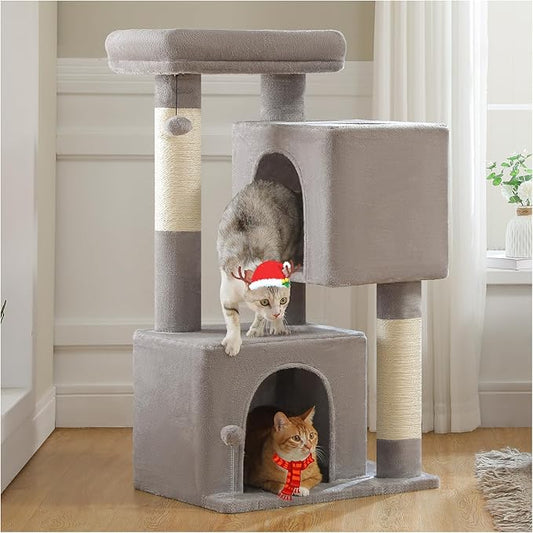 XL Cat Tower 44" Cat Tree for Large Cats 20 lbs+, 2 Spacious Condos with 3.4" Thickened Scratching Post, Large Top Perch, 2 Interactive Toys, Grey