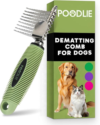 Poodle Dematting Fur Rake Comb Brush for Dogs and Cats - Long 2.5" Steel Safety Blades Metal Comb for Detangling Matted or Knotted Undercoat Hair (Green)
