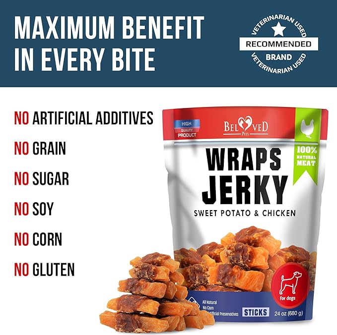 Sweet Potato Jerky Chicken Wraps - Dog Treats Human Grade - Grain Free Organic Meat - All Natural High Protein Dried Strips - Best Chews for Small & Large Dogs - Bulk Soft Pack Made for USA 24 Oz