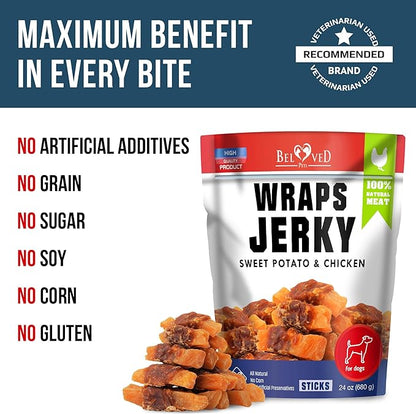 Sweet Potato Jerky Chicken Wraps - Dog Treats Human Grade - Grain Free Organic Meat - All Natural High Protein Dried Strips - Best Chews for Small & Large Dogs - Bulk Soft Pack Made for USA 24 Oz