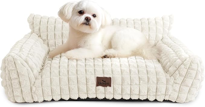 Cute Dog Couch Beds for Small/Medium Dogs/Cats, Washable Faux Rabbit Fur Pet Bed, Supportive Dog Bed with Removable Zipper Cover for Indoor Cats, 30 x 20 x10inch, Off White