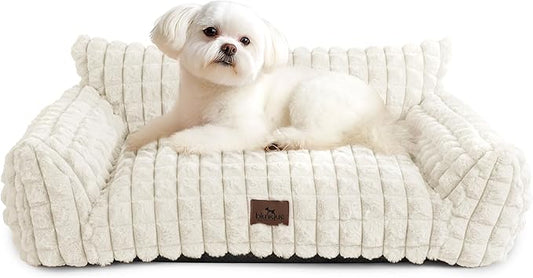 Cute Dog Couch Beds for Small/Medium Dogs/Cats, Washable Faux Rabbit Fur Pet Bed, Supportive Dog Bed with Removable Zipper Cover for Indoor Cats, 30 x 20 x10inch, Off White