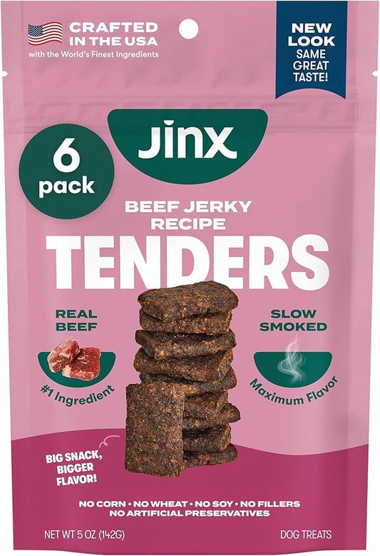Jinx Tenders Beef Jerky Dog Treats, All Natural Ingredients, Soft and Chewy, Low-Calorie, Slow-Smoked Beef & Liver, No Fillers, 5oz, 6 Pack