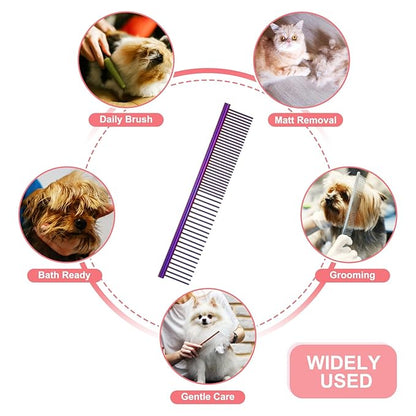Dog Cat Comb, Pet Combs Stainless Steel Teeth with Rounded Ends for Knots Mats Loose Hair Removal, 6.5IN (Purple Plated, 3 Pack), Grooming Tool Intended for Long Curly Hair Pet