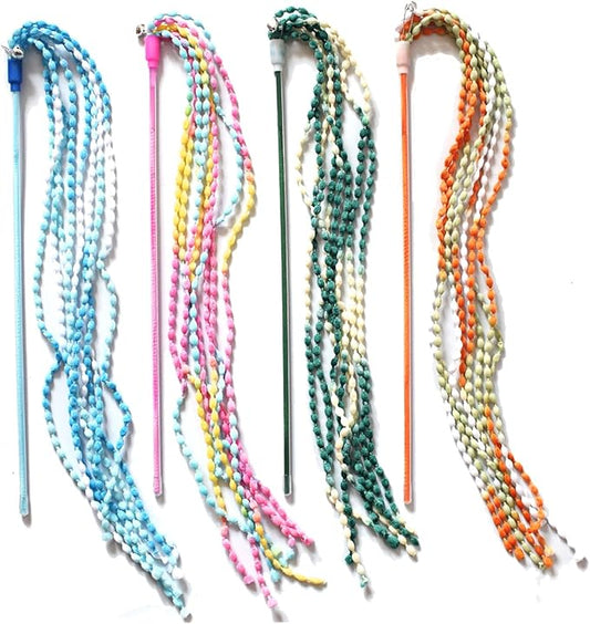 IUHKBH Cat Wand Toys, 4 PCS Plush Srtip Teaser Toy Interactive Teasing Stick Vibrant Teaser Wands with Bell for Cat Kitten Having Fun Exerciser Playing