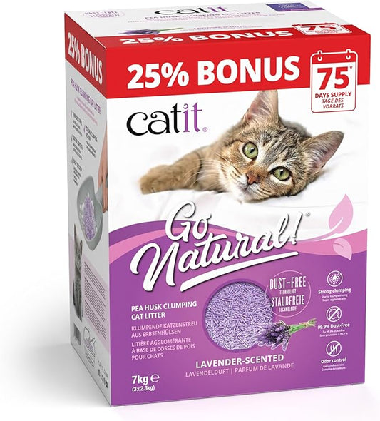 Catit Go Natural Pea Husk Clumping Cat Litter Lightweight, Dust Free, Easy Cleaning & Scooping, Flushable Kitty Litter with Odor Control & Subtle Fragrance Lavender Bonus Box