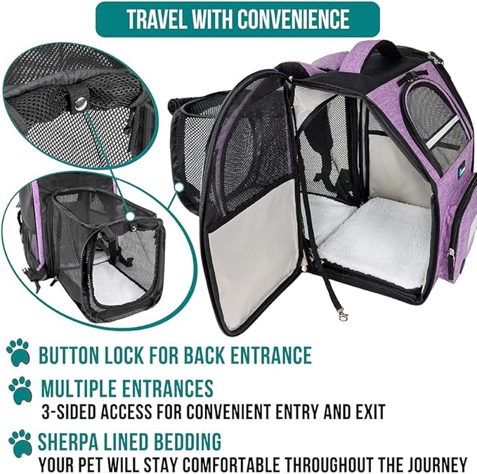 PetAmi Dog Cat Backpack Carrier, Expandable Pet Carrier Backpack for Travel Hiking, Small Medium Dog Puppy Large Cat Carrying Backpack, Airline Approved Ventilated Soft Back Support, 18 lbs, Purple