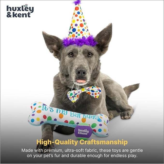 Huxley & Kent Celebration Box for Dogs - Fun Gift Set with Plush Squeaky Toys, Party Hat, Bow Tie & Banner - Birthday, Gotcha Day & Special Occasion Dog Set - Happy Barkday Box, Small