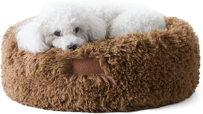 Town & Country Luxe CuddleTown Fuzzy Solid Donut Pet Bed, Soft, Cozy & Calming, Non-Slip Bottom, 100% Machine Washable, Brown, XS 19"x19"x7" Round