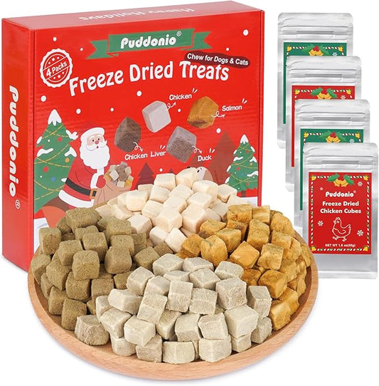 Christmas Freeze Dried Pet Treats - 4 Single-Ingredient Raw Flavors (Chicken/Duck/Salmon/Liver), 50g x 4 Bags, All Natural High Protein Pet Training Treats for Cats & Dogs