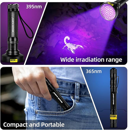100 LED UV Black Light Flashlight (395nm) with Mini UV Pen Light (365nm) - Dual Wavelength Ultraviolet Light for Pet Urine Detection, Scorpion Hunting, Resin Curing, Counterfeit Money & Leak Detection