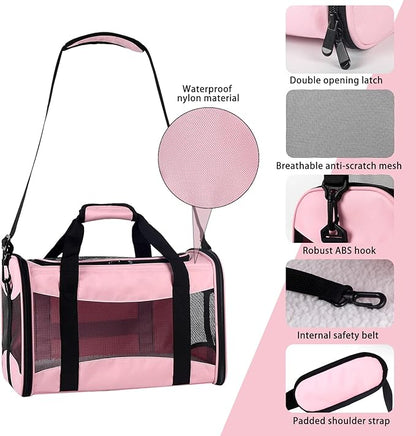 Cat Carrying Case - Pet Carrier Airline Approved, Protable and Breathable Pet Travel Carrier Removable Fleece Pad, Collapsible Cat Carrier Dog Carrier for Medium Cats Small Cats Dogs (Small, Pink)