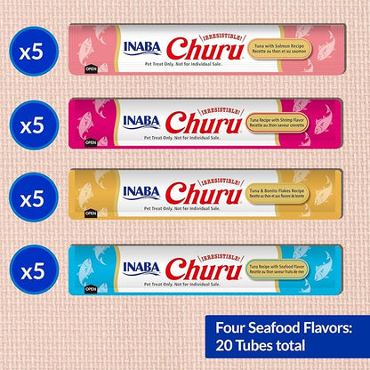 INABA Churu Cat Treats, Grain-Free, Lickable, Squeezable Creamy Purée Cat Treat/Topper with Vitamin E & Taurine, 0.5 Ounces Each Tube, 20 Tubes, Seafood Variety Box