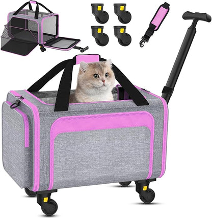 3-in-1 Pet Carrier with Wheels, 18" x 11" x 11" TSA Airline Approved, Cat Carrier on Wheels for Small Cats Up to 15Lbs, Rolling Pet Carrier, Cat Soft-Sided Bag for Flying, Travel & Vet(Not for Dogs)